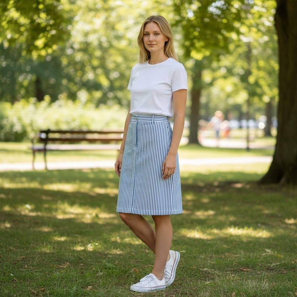 Talbots Vintage Blue & White Striped Seersucker Pattern Skirt Preppy Sz 8 modest